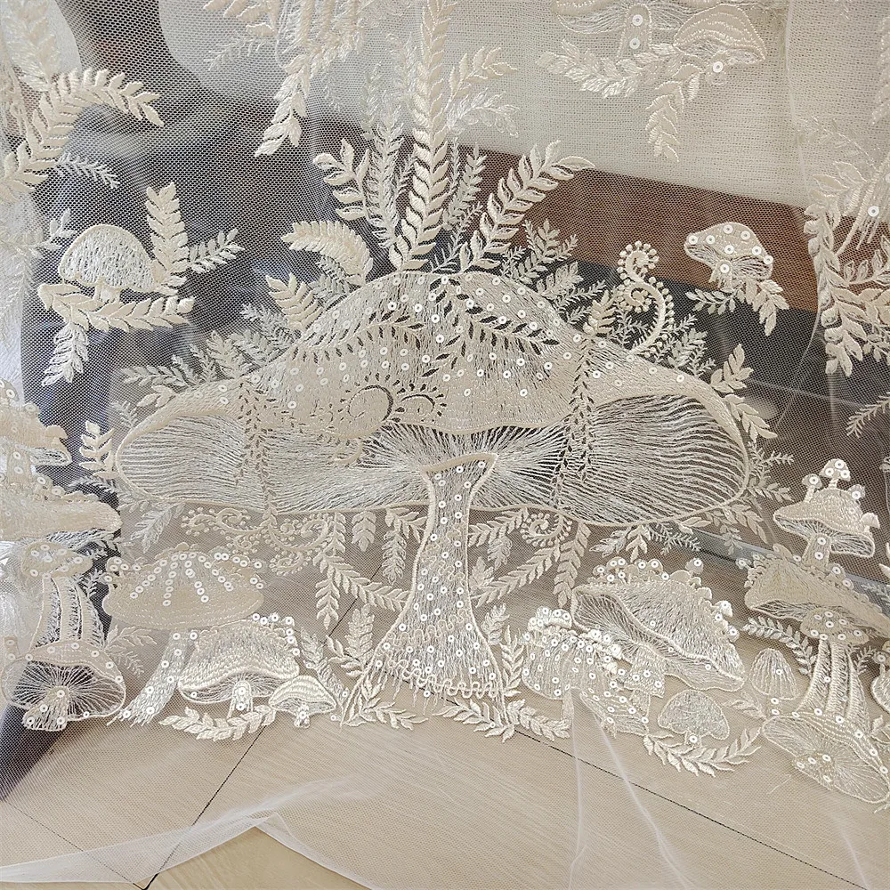 

Mushroom Sequins Embroidered Tulle Fabric for Kids Hanfu Stage Costumes Table Linens Curtains DIY Formal Dresses Material