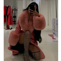 Denny&Dora Rose Pink Plus Size Coat Women Long Genuine Leather Coat Real Fox Fur Collar Trench