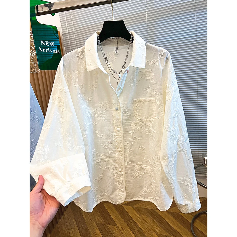 قميص مطرز بالزهور بأكمام طويلة للنساء على الطراز الفرنسي معاطف ذات صدر واحد وطية صدر السترة، ملابس علوية فضفاضة غير رسمية #2