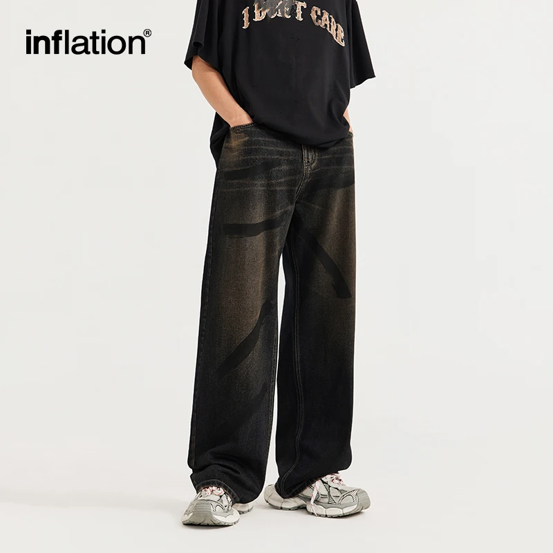 INFLATION Hand-painted Dyeing Wide-leg Jeans Men Streetwear Washed Denim Pants