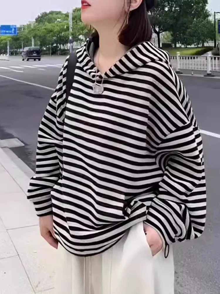Felpa con Cappuccio da Donna Primavera Autunno Nuova Versione Coreana Manica Lunga Casual con Righe Colorate