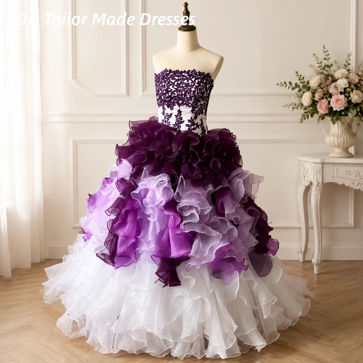 Strapless Gradient Purple White Prom Dress Lace Appliques Corset Ball Gown Tiered Ruffle Quinceanera Dress Customized