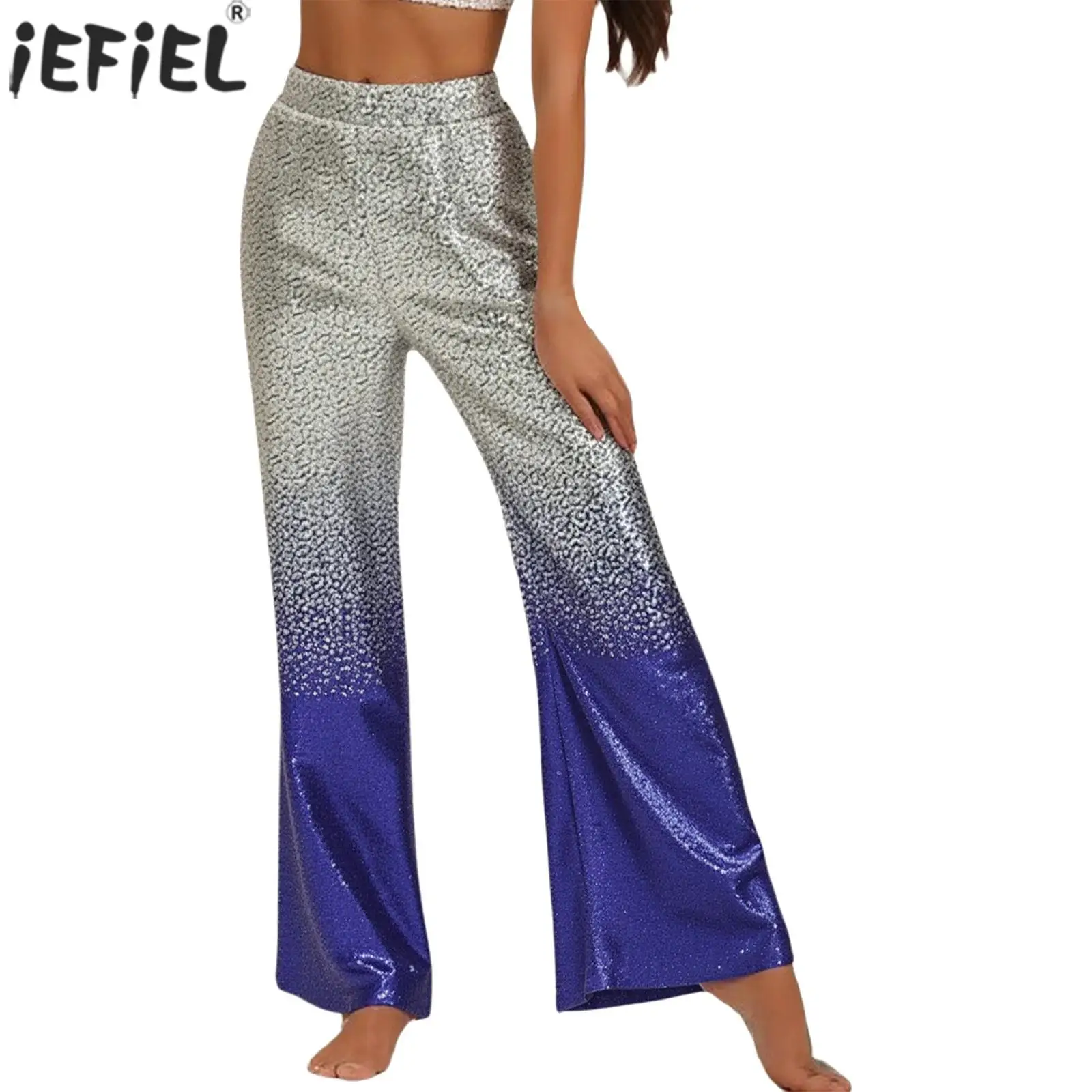 Mulheres brilhantes lantejoulas jazz dança queimado calças gradiente lantejoulas cintura elástica calças de perna larga para tango latino dança de salão