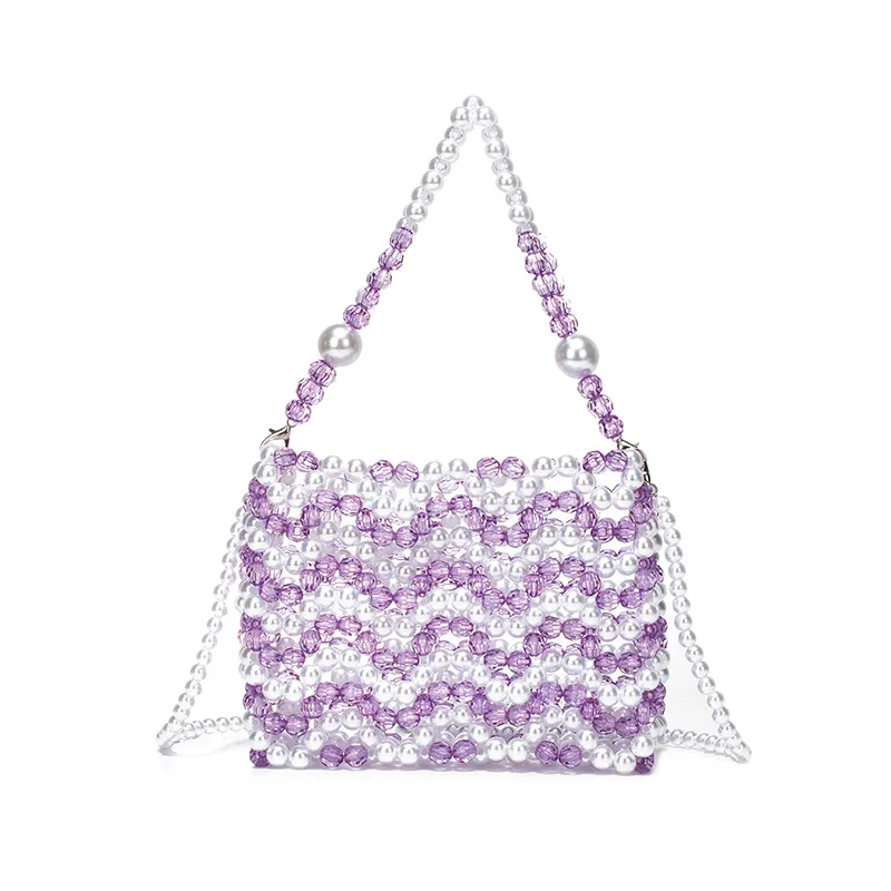 Summer Wave Patterned Acrylic Pearl Small Totes Transparent Beaded Woven Tote Bag Patchwork Hollow Out Luxury Seaside Bags