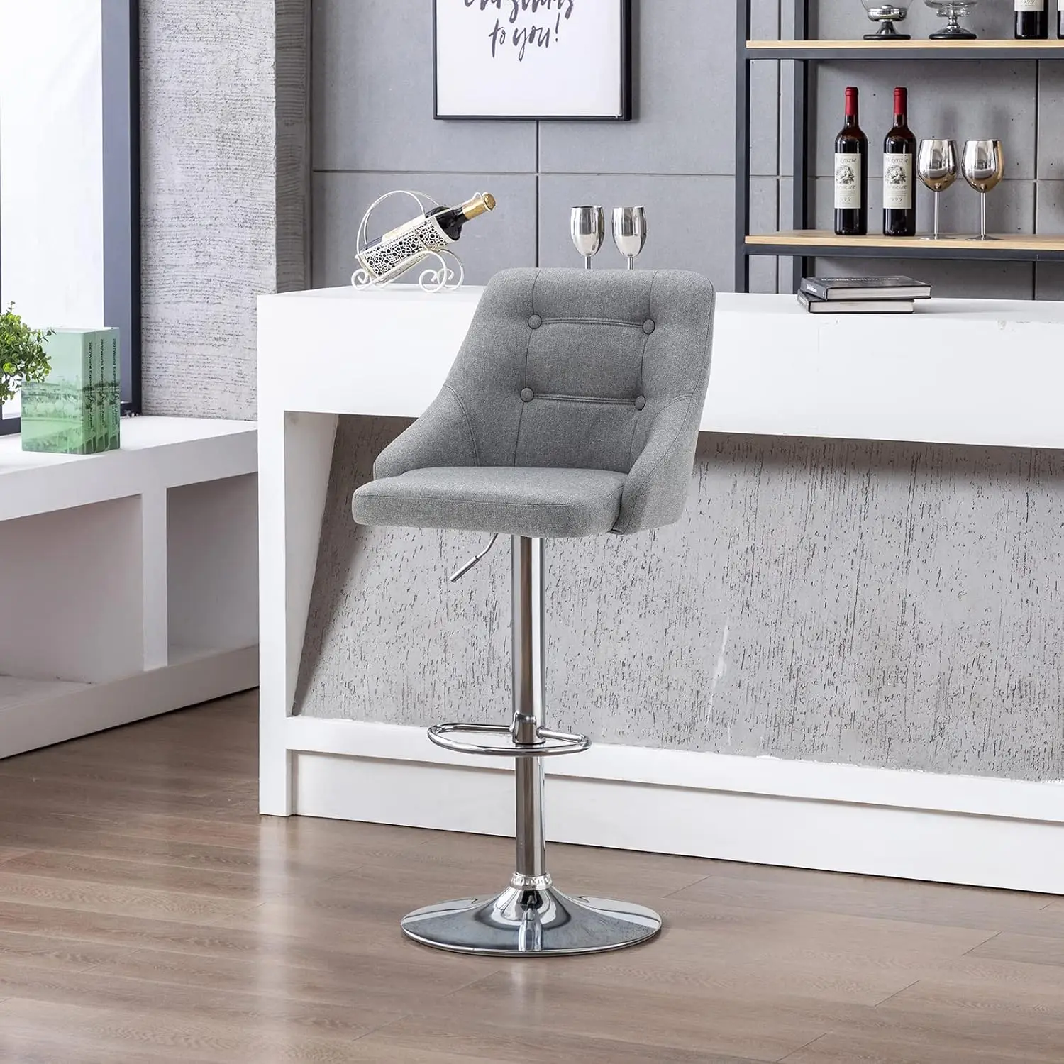 Brage Living Swivel Bar Stool With Back, Adjustable Fabric Tufted Barstool, Upholstered Counter Height Airlift Bar Chair For