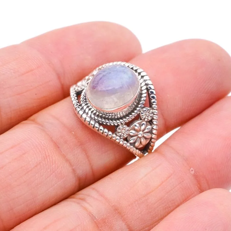 

StarGems® Natural Moonstone FlowerHandmade 925 Sterling Silver Ring 8 F0760