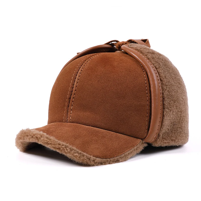 Men's Hat Genuine Anti-Fuzz Cowhide 100% Wool Plush Lining Warm Ear-Flap Thick Insulation Duckbill for Middle-Aged Elderly