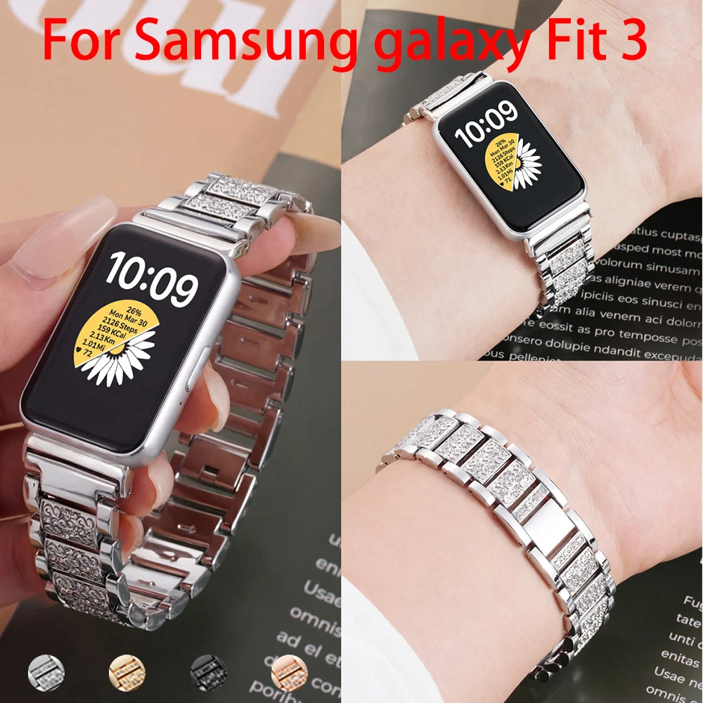 Bracelet en acier inoxydable avec diamants pour Samsung Galaxy Fit 3, Bracelet en métal pour femmes, Correa pour Samsung Fit 3 SM-R390