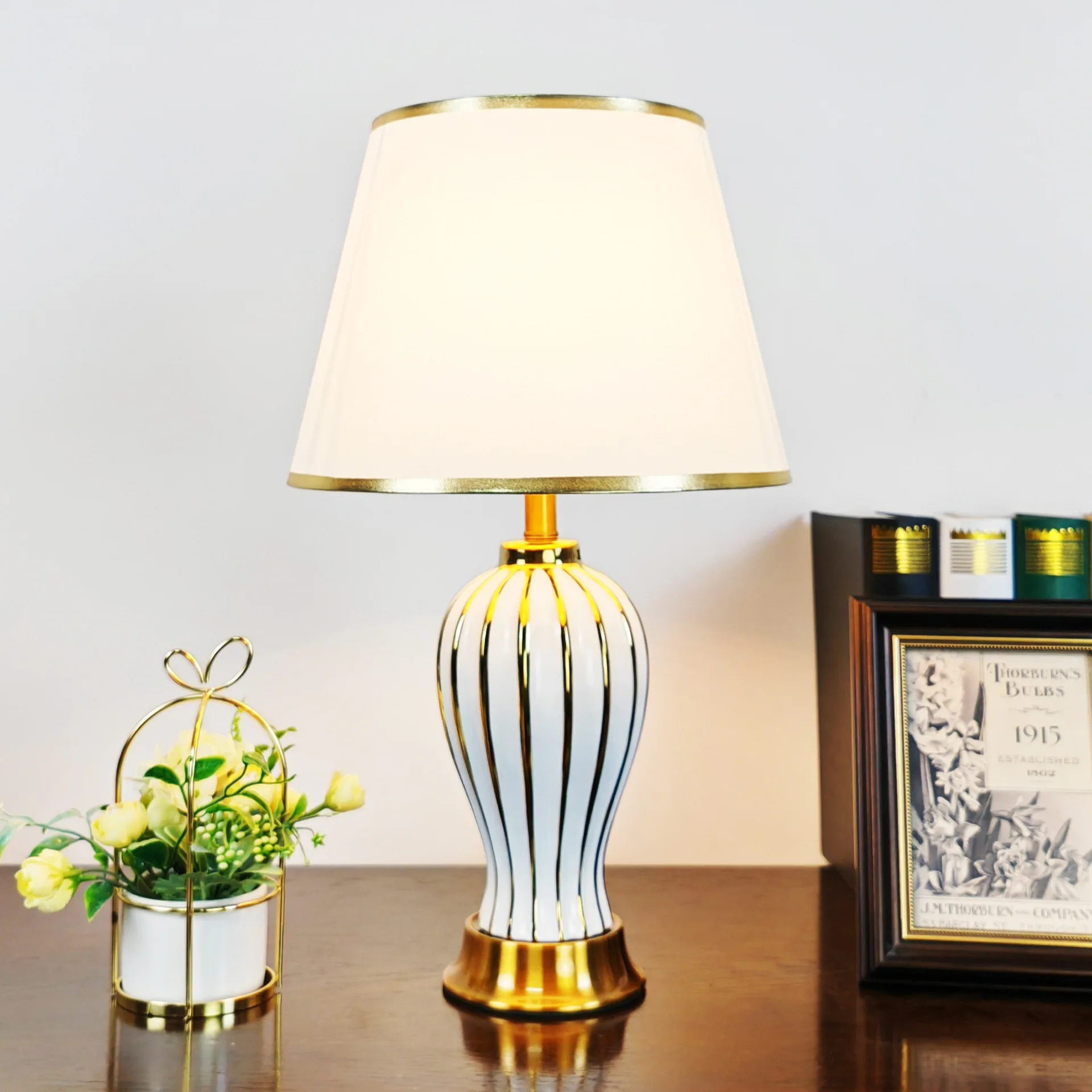 

American Ceramic Table Lamp - Minimalist Bedroom Bedside Decor Light, LED Lighting for Living Room, Study & Showroom