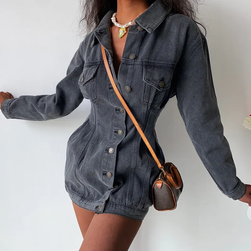 Vintage Denim Jacket Dress Fashion Slim Fit Button Skirt Turndown Collar Long Sleeve Washed Jeans Dresses For Woman Vestidos