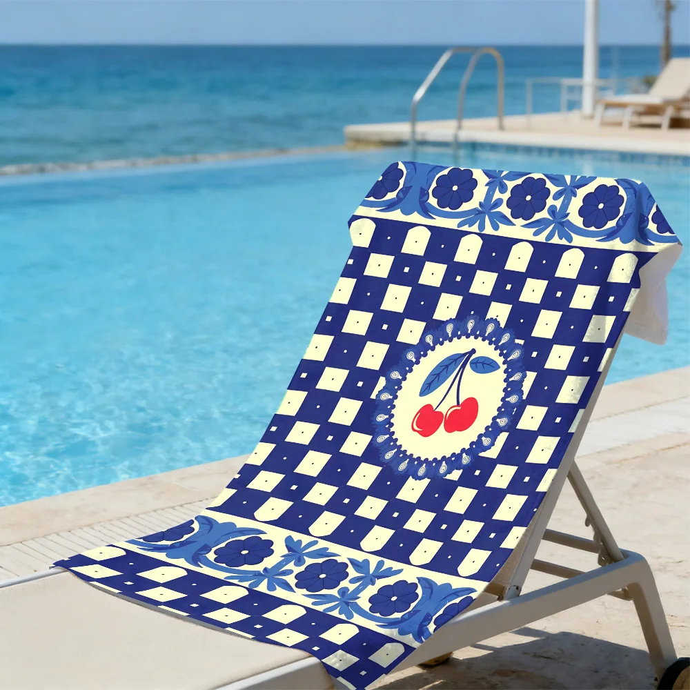 Retro Cherry Picnic Towel – Absorbent Sand Resistant with Blue Gingham & Chinoiserie Print for Summer