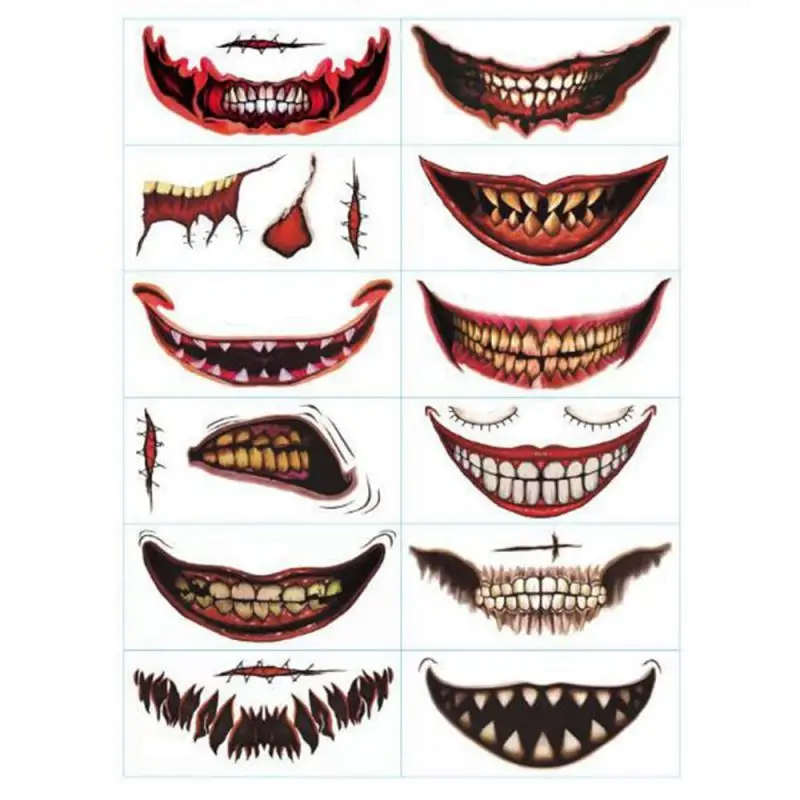 12Pcs ฮาโลวีน Clown สยองขวัญปากสติกเกอร์รอยสักชั่วคราวรอยสัก DIY ปลอม Tattoo คอสเพลย์ปาร์ตี้ตกแต่ง