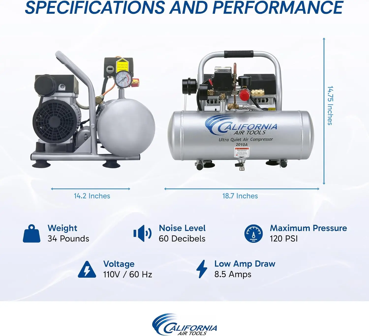 Air Tools 2010A 1.0 HP Ultra Quiet and Oil-Free Air Compressor, 2 Gallon Aluminum Tank, 60 dBA Noise Level, Silver