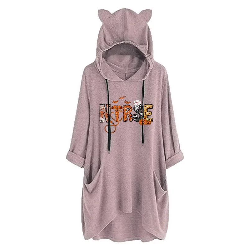 Ew-Sudadera con Capucha de punto de bolsillo para mujer, suéter de algodón con estampado de orejas de gato, calabaza, alfabeto, enfermera, Otoño e Invierno