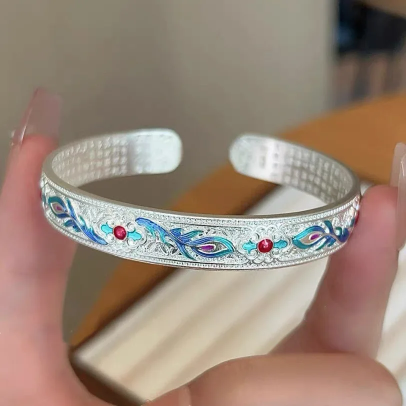 الفضة 925 شيونغسام أساور رائعة النمط الصيني الرجعية فينيكس ريشة الملونة المينا أساور للنساء مجوهرات قابل للتعديل