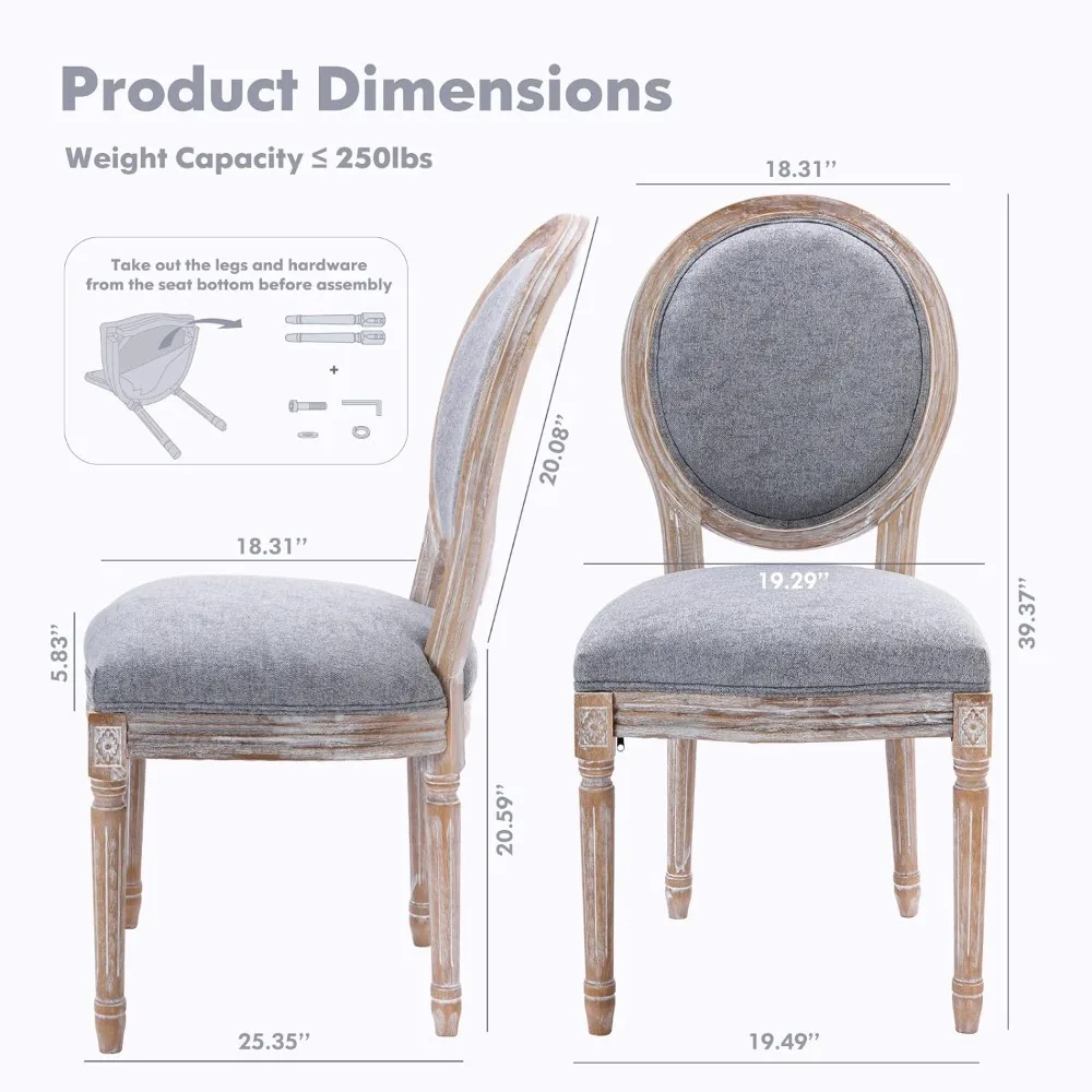 French Rustic Vintage Dining Chair 4-Piece Set, Upholstered Farmhouse Dining Chair with Round Back,Solid Wood Legs, Classic Grey