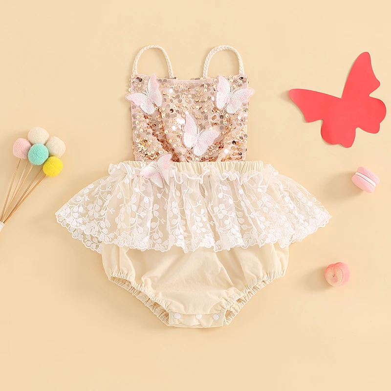 

Summer Newborn Infant Baby Girls Lace Floral Rompers Ruffles Sleeveless Strap 3D Butterfly Sequin Playsuit Jumpsuit Toddler