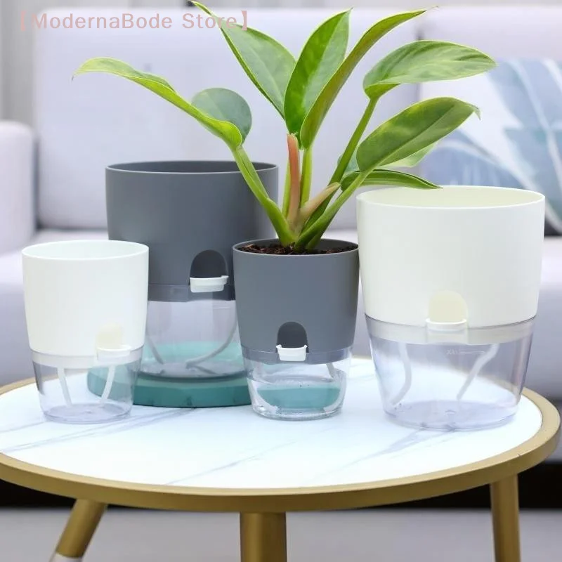 【M】1Pcs Transparent Double Layer Plastic Self-watering Planters Lazy Hydroponic Flower Pot Automatic Water Absorbing Flowerpot