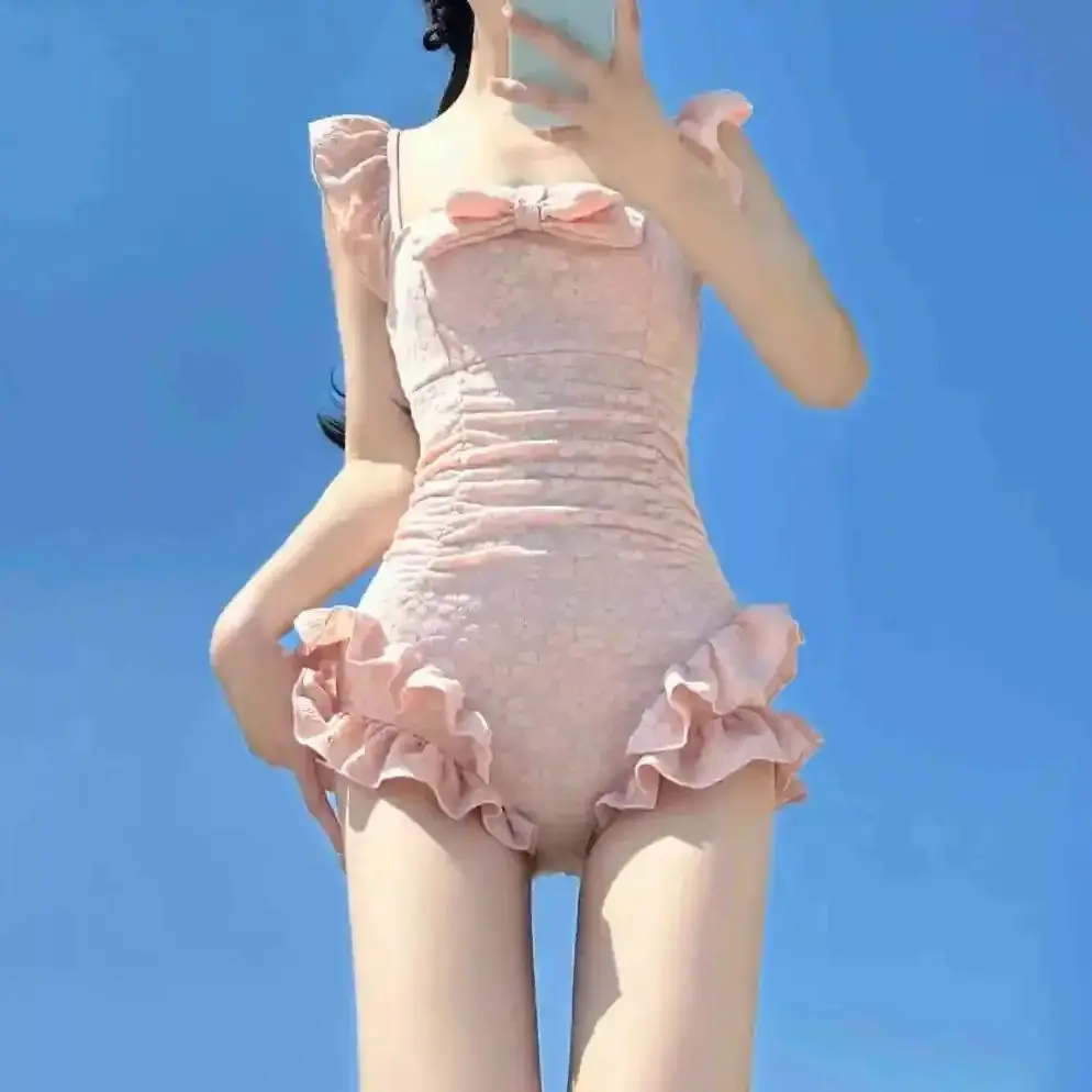 

2026 New Women One Piece Swimsuit Pink Floral Jacquard Bow Ruffle Sleeve Ruched High Cut Monokini Bathing Suit Beachwear