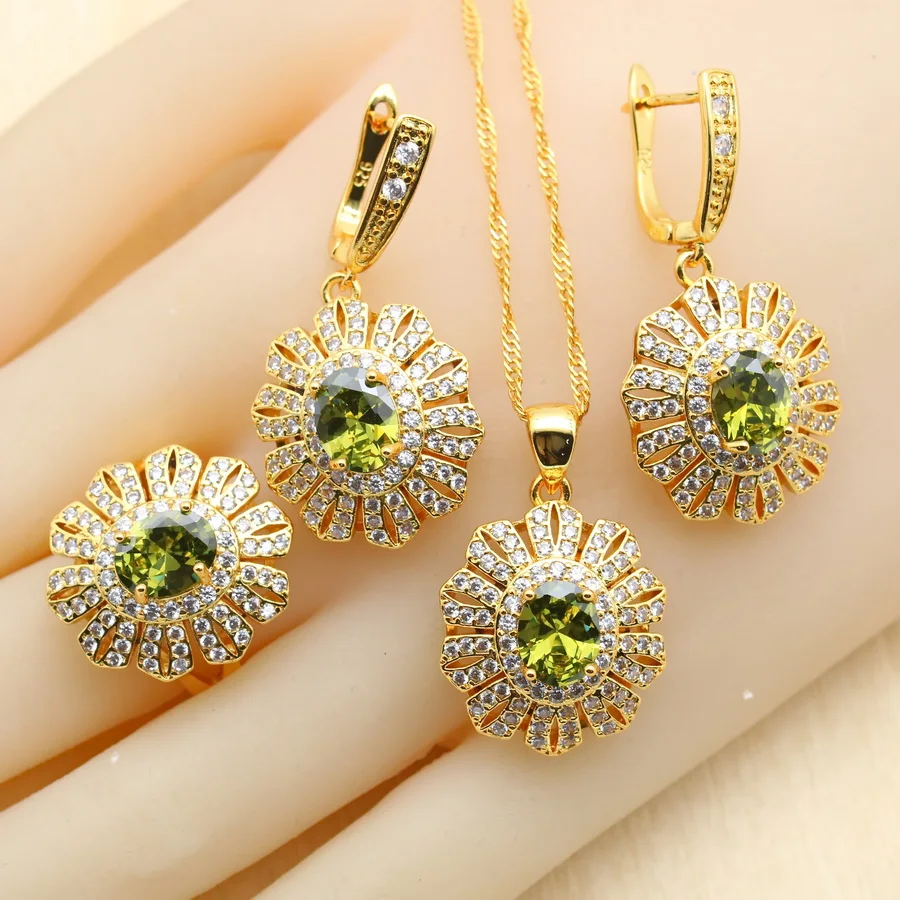 Olive Green Zirconia Gold Plated Jewelry Sets for Women Earrings Necklace Pendant Open Ring Bracelet Christmas Birthday Gift