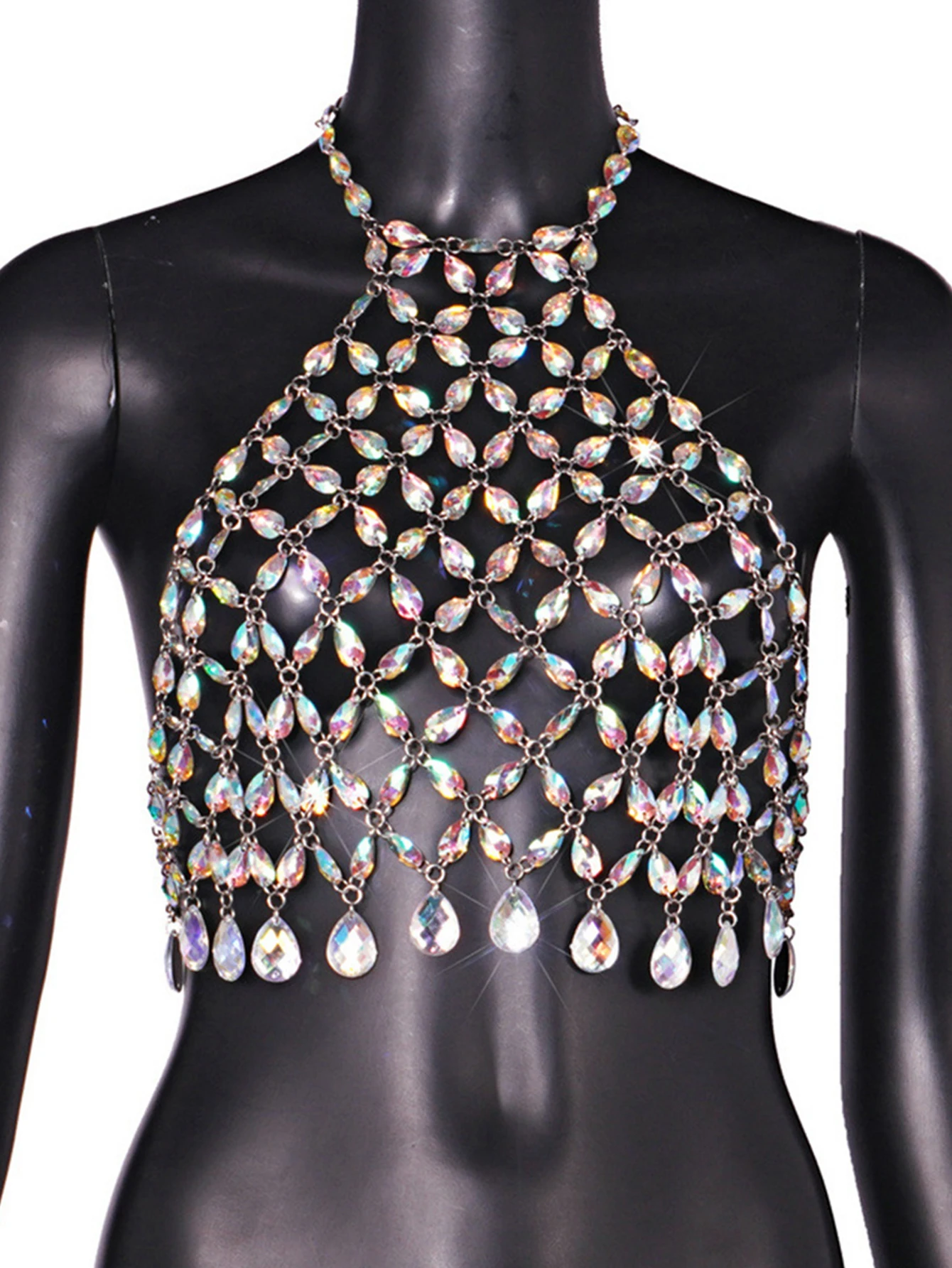 Seksowny prześwitujący crop top z dżetami damski na lato 2026, top typu halter na imprezę na plaży, top na ramiączkach do klubu nocnego, stroje rave, streetwear y2k, topy. — zdjęcie 4