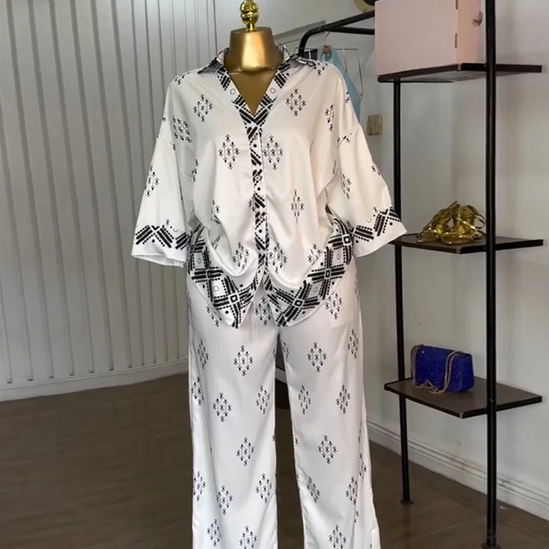 Donna Estate 2025 Moda Risvolto Stampa Camicia ampia Pantaloni a gamba larga Set casual Completo casual Pantaloni a gamba larga Set coordinato