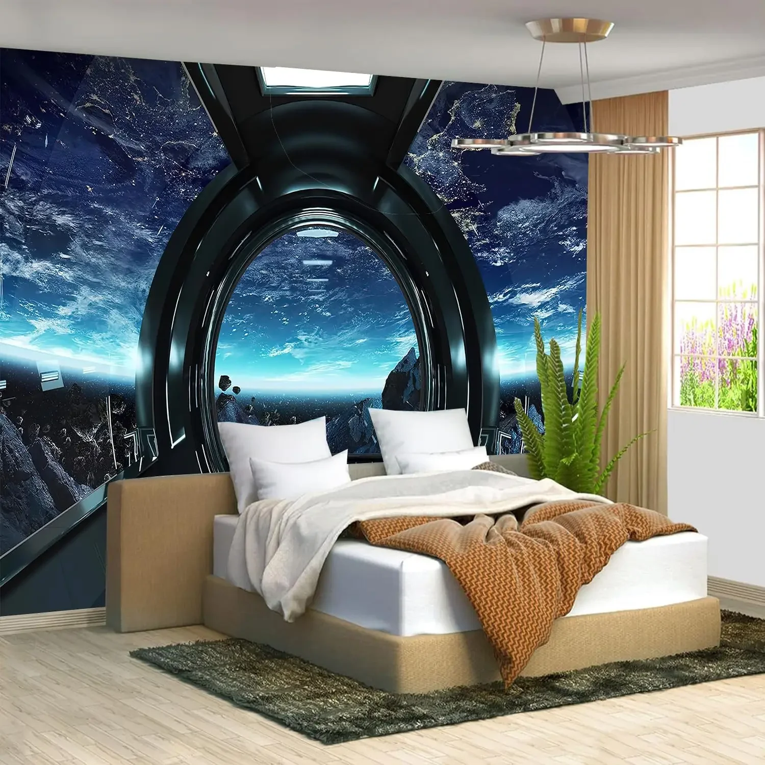 Sci-Fi Spaceship Tapestry Futuristic Space Station Planet Earth Wall Art for Bedroom Living Room Dorm Decor