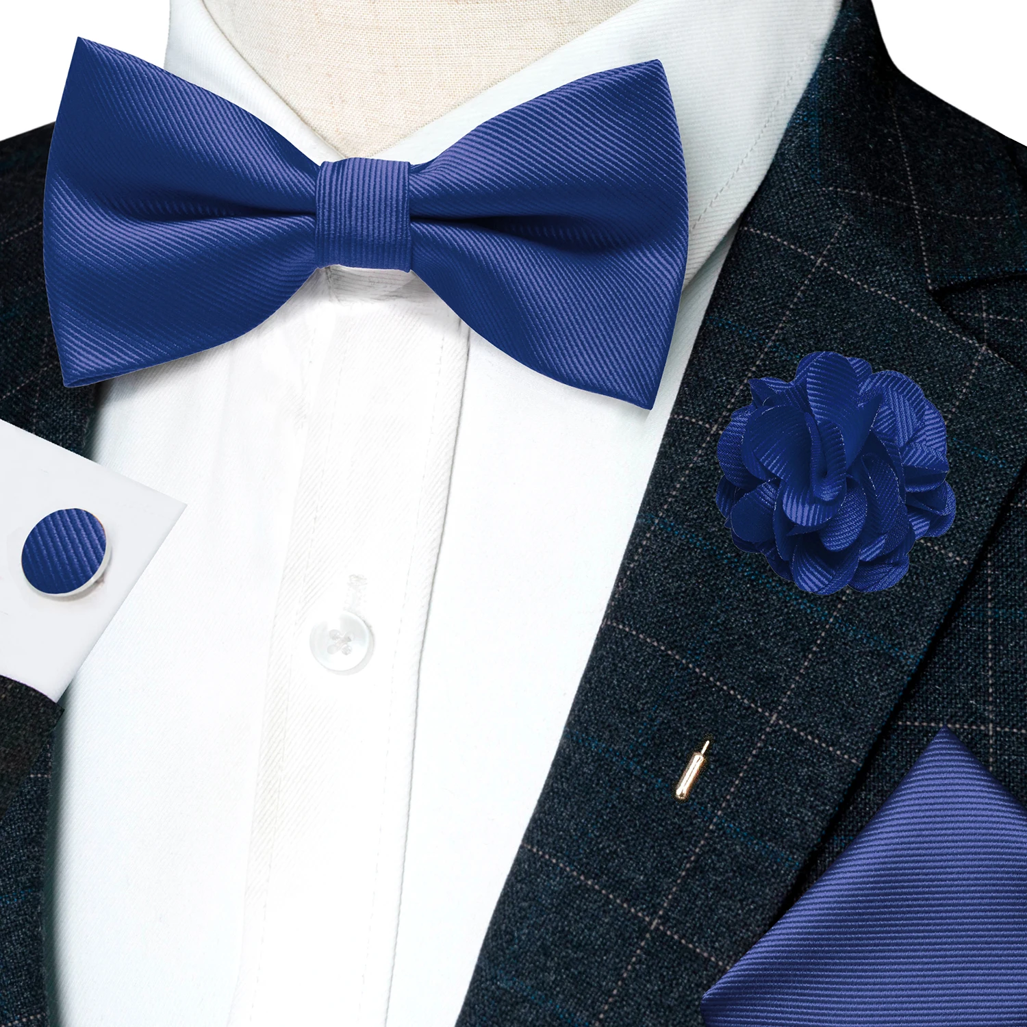 Hochzeits-Fliege für Herren, einfarbig rosa, vorgebundene Fliege, Einstecktuch, Manschettenknöpfe, Corsage-Set, Party, Business, Seiden-Schmetterlingsknoten, Geschenk – Detail 24