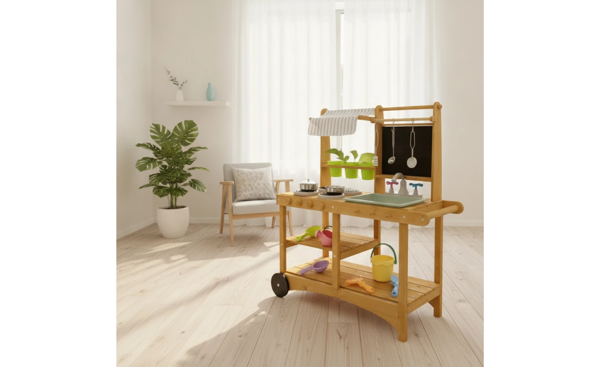 Toy Kitchen with Canopy Practical Pretend Kitchen with Wheels Playset Long-Lasting Safe for Children, Backyard, Daycare
