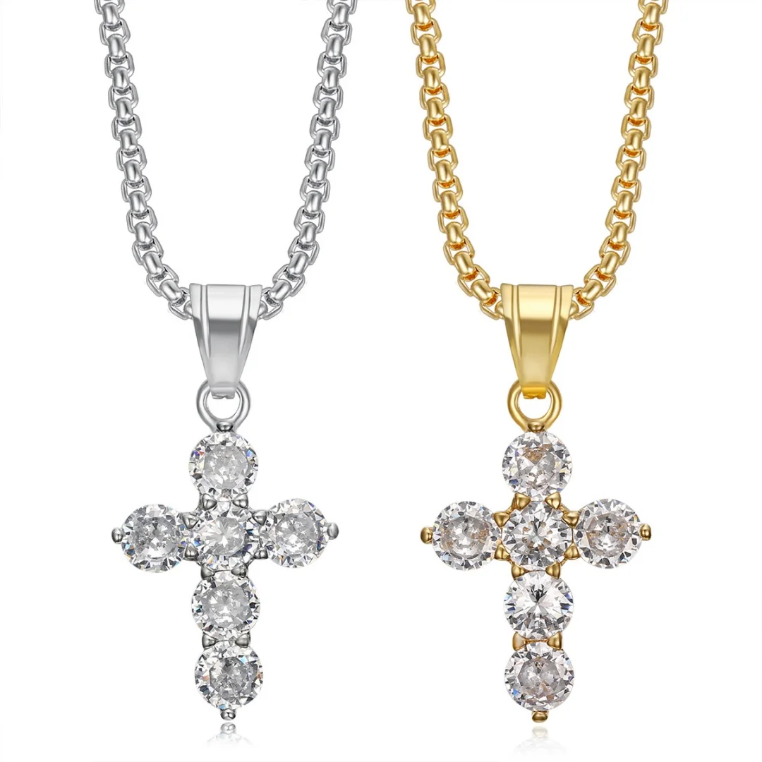 

Hip Hop Iced Out Bling Full Rhinstone Cross Pendant Gold Silver Color Stainless Steel Tennis Necklace for Woman Man Jewelry Gift