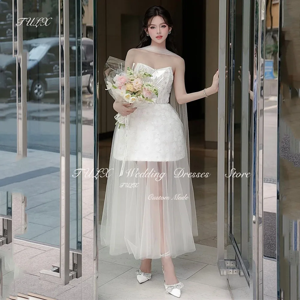 TULX Luxury Sparkly Lace Wedding Dress V Neck Tulle Birthday Party Ankle Length Engagement Party Customized Robe De Mariée 2025
