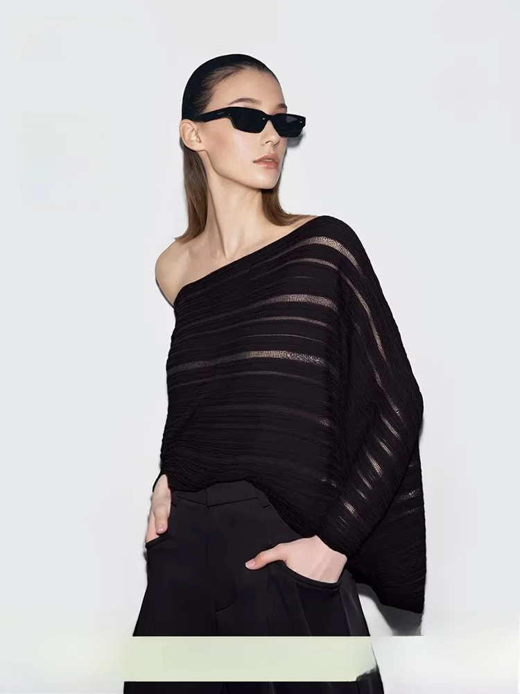 

Asymmetric oulder Bared Hollow out Knitted Sweater Women's Double Sided Wear Casual Sle Long Sve ort Length Knitwear