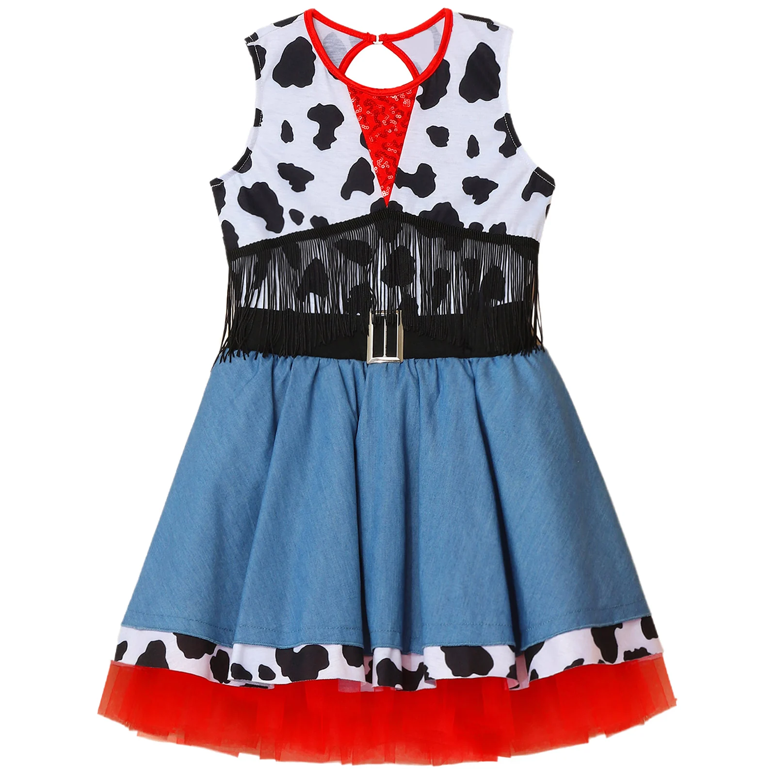 3 قطعة/المجموعة الفتيات هالوين راعية البقر الغربية فستان زي بلا أكمام البقرة طباعة هامش توتو فستان مع كاوبوي باندانا وقبعة #5