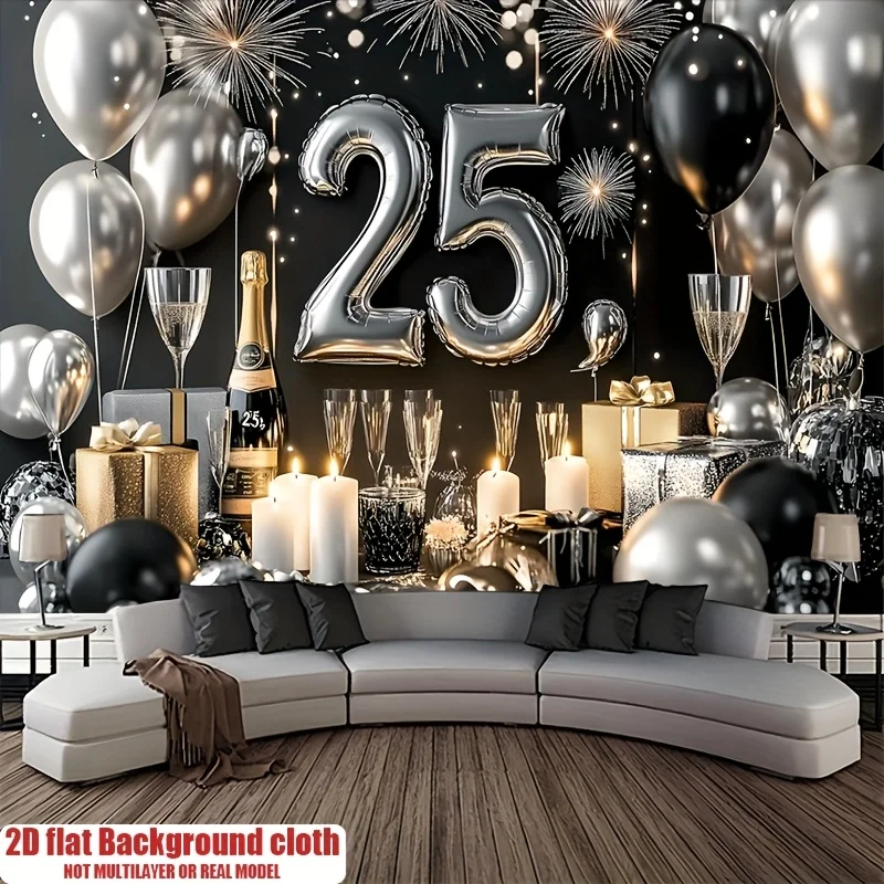 Eine flache 2D-Hintergrunddekoration aus Polyester zum 25-jährigen Jubiläum aus Silber, geeignet für die Party-Hintergrunddekoration