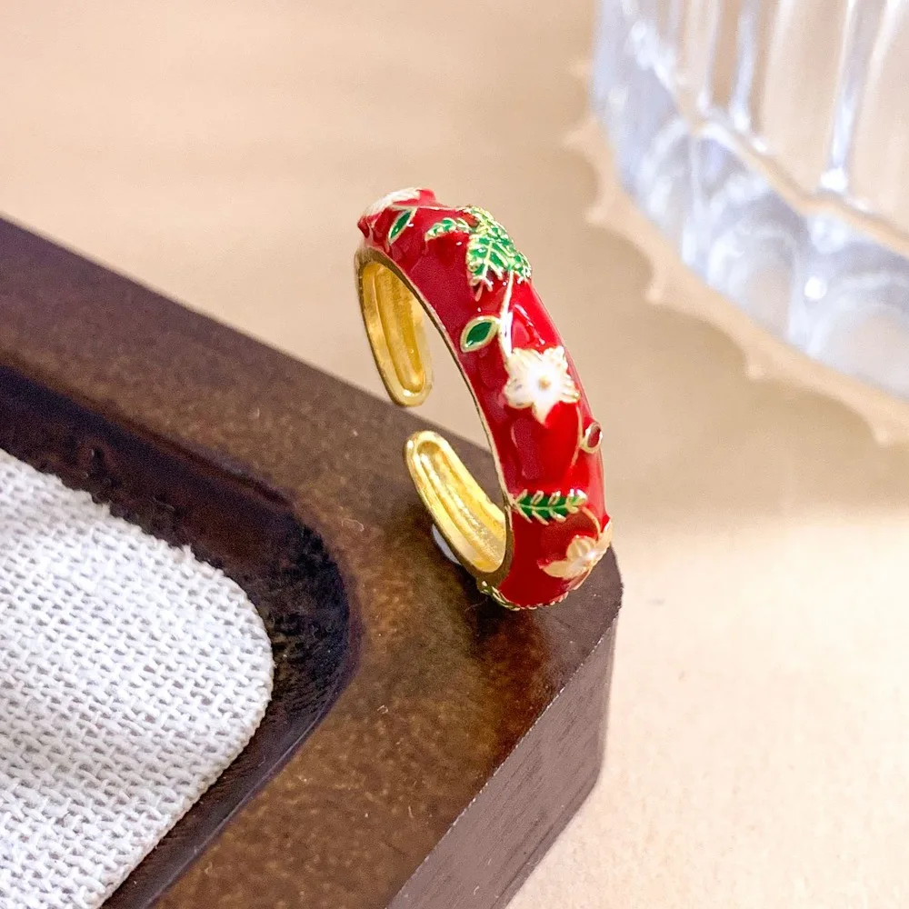 Blue Flower Enamel Drip Oil Ring Chinese Style Adjustable Irregular Opening Ring Vintage Elegant Blue and White Porcelain Ring