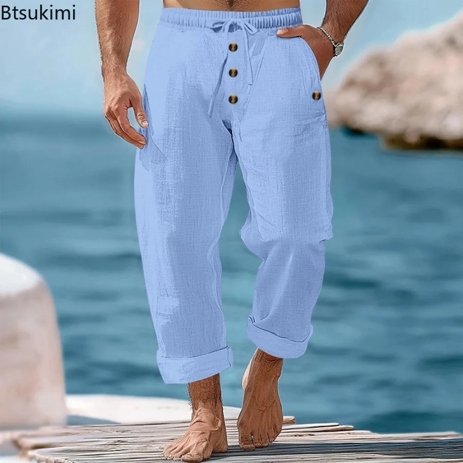 2025 Spring Summer New Men's Beach Pants Solid Color Linen Loose Drawstring Button Sweatpants Breathable Casual Trousers for Men