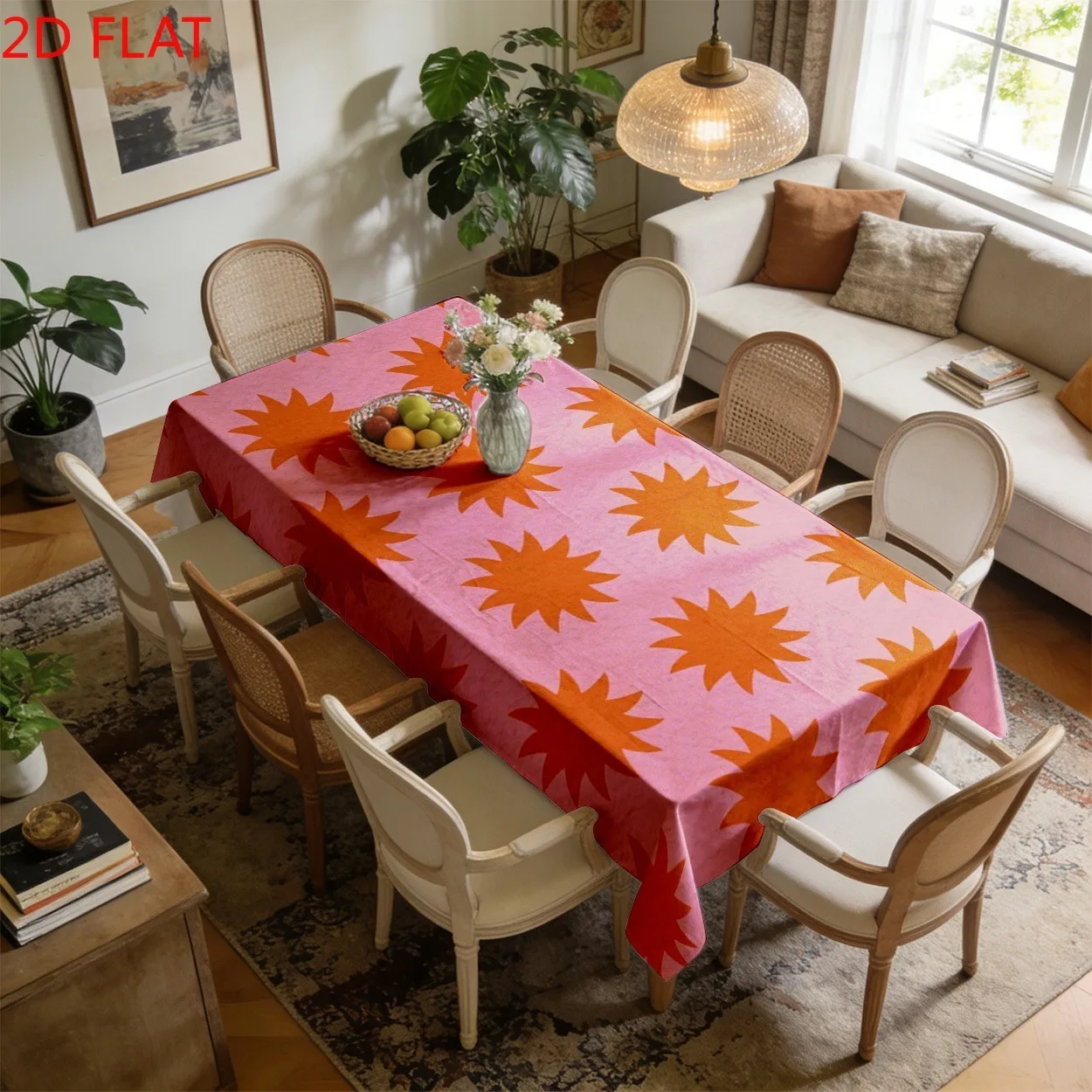 One piece of polyester tablecloth, with an orange starburst pattern and a pink-orange contrast design. Made of polyester fabric.