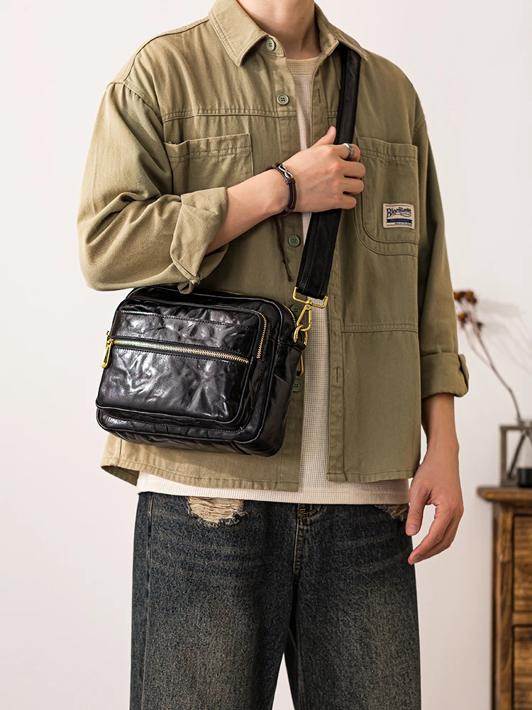 outdoor casual luxury handmade High-quality genuine leather men's crossbody bag vegetable tanned cowhide black shoulder bag