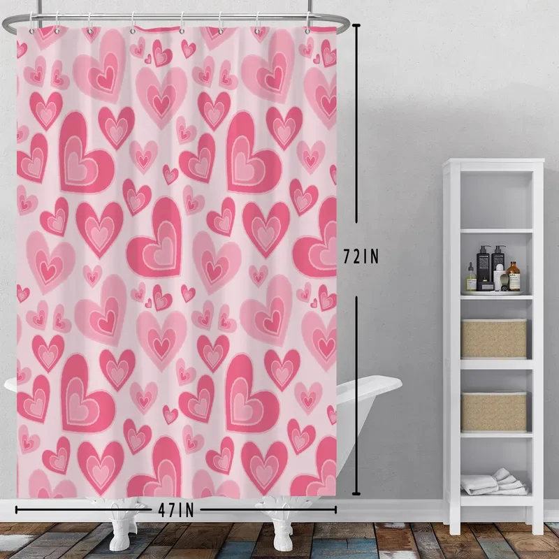 Pink Heart Shower Curtain Romantic Valentine's Day Bathroom Decoration Polyester Fabric Waterproof Hanging Curtains With Hooks