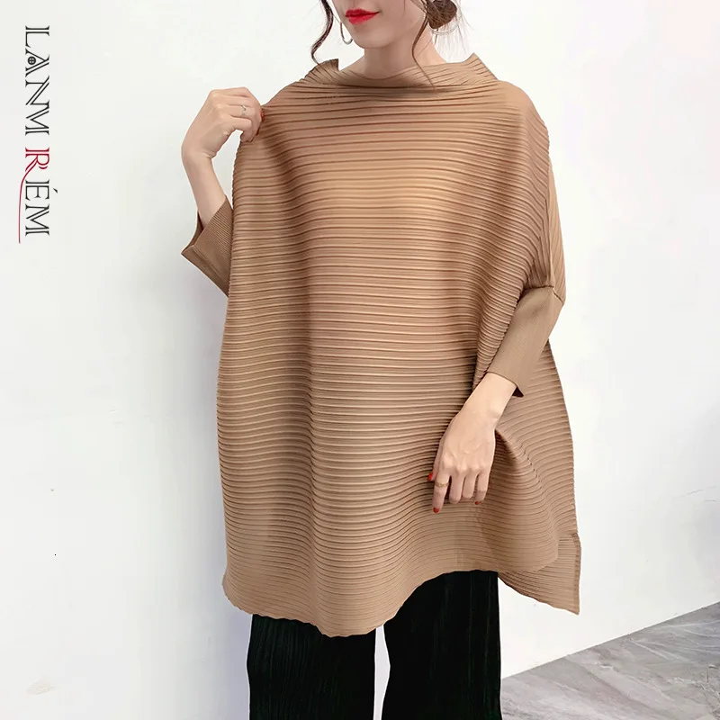 Miyake Pleated Ladies Tops Streetwear Fall 2022 Winter New Stand Collar Batwing Sleeve Blouses Loose Pullover Korean T-shirt