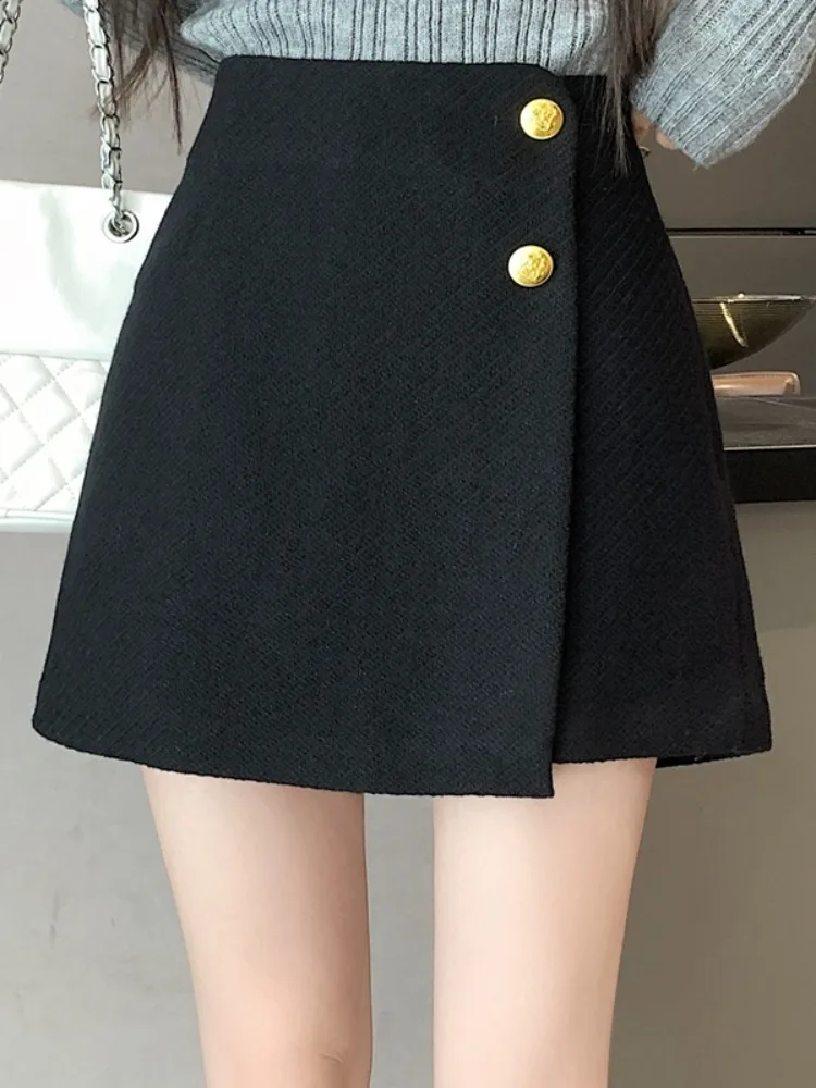 Calças de Lã de Cintura Alta para Mulheres, Calças Casuais de Perna Larga, Corte Assimétrico em Fibra de Poliéster