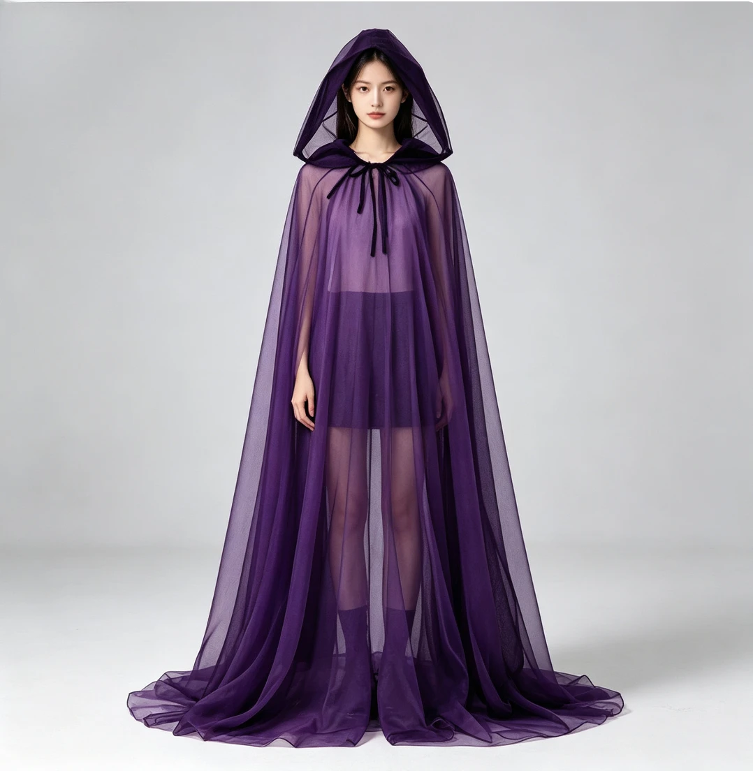 Halloween Scarlet Witch Cosplay Cloak Women Long Hooded Tulle Cape Cool Dark Style Costume Cape for Party Role‑Play Outfit