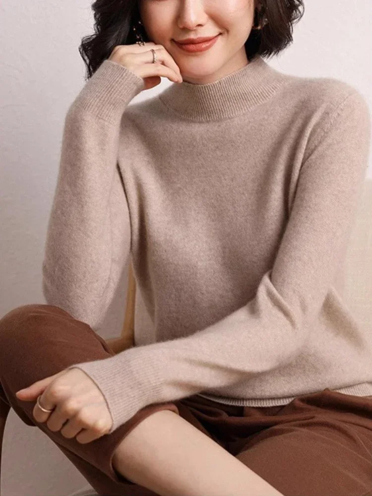 سترة محبوكة بأكمام طويلة لخريف وشتاء 2025 سترة نسائية ذات ياقة مدورة وطبقة أساسية ضيقة بلوفرات سميكة ودافئة #6