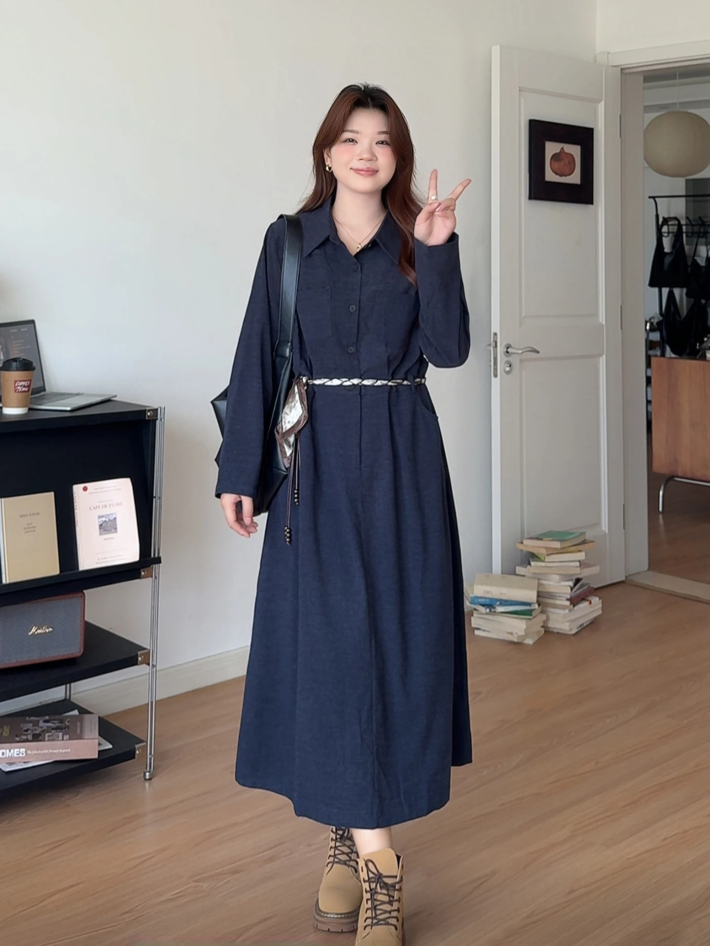 

Женское платье больших размеров с поясом-стойкой, длинным светом, осенняя повседневная одежда, удобный дизайн из полиэфирного волокна с высокой талией