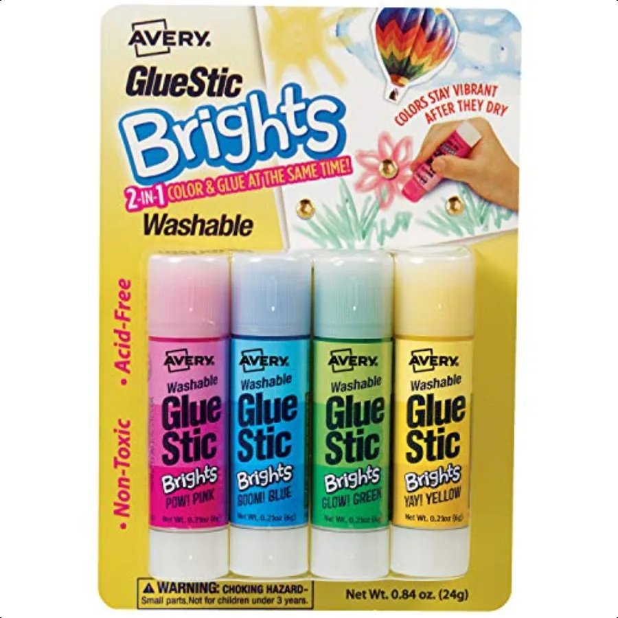 

Glue Stick Assorted Color Brights Washable Nontoxic 0.21 oz. Permanent Glue Stic 4pk 00102