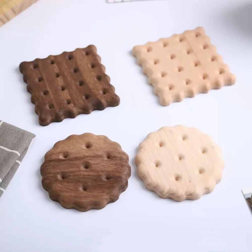 Creative Solid Wood Cookie Coasters Biscuit Shape Non-Slip Wooden Coaster Heat Resistant Dining Table Mat Kitchen Accessories