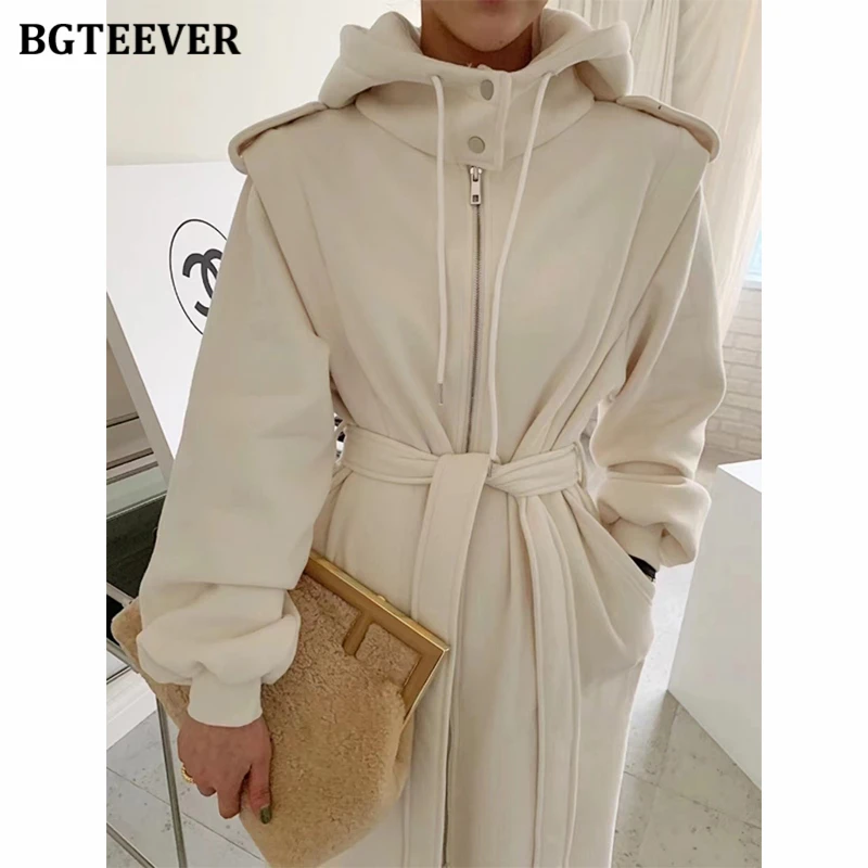 BGTEEVER Autumn Winter Thicken Loose Female Pullover Sweatshirt Dress Long Sleeve Pockets Women Lace-up Hooded Mid-Length Dress