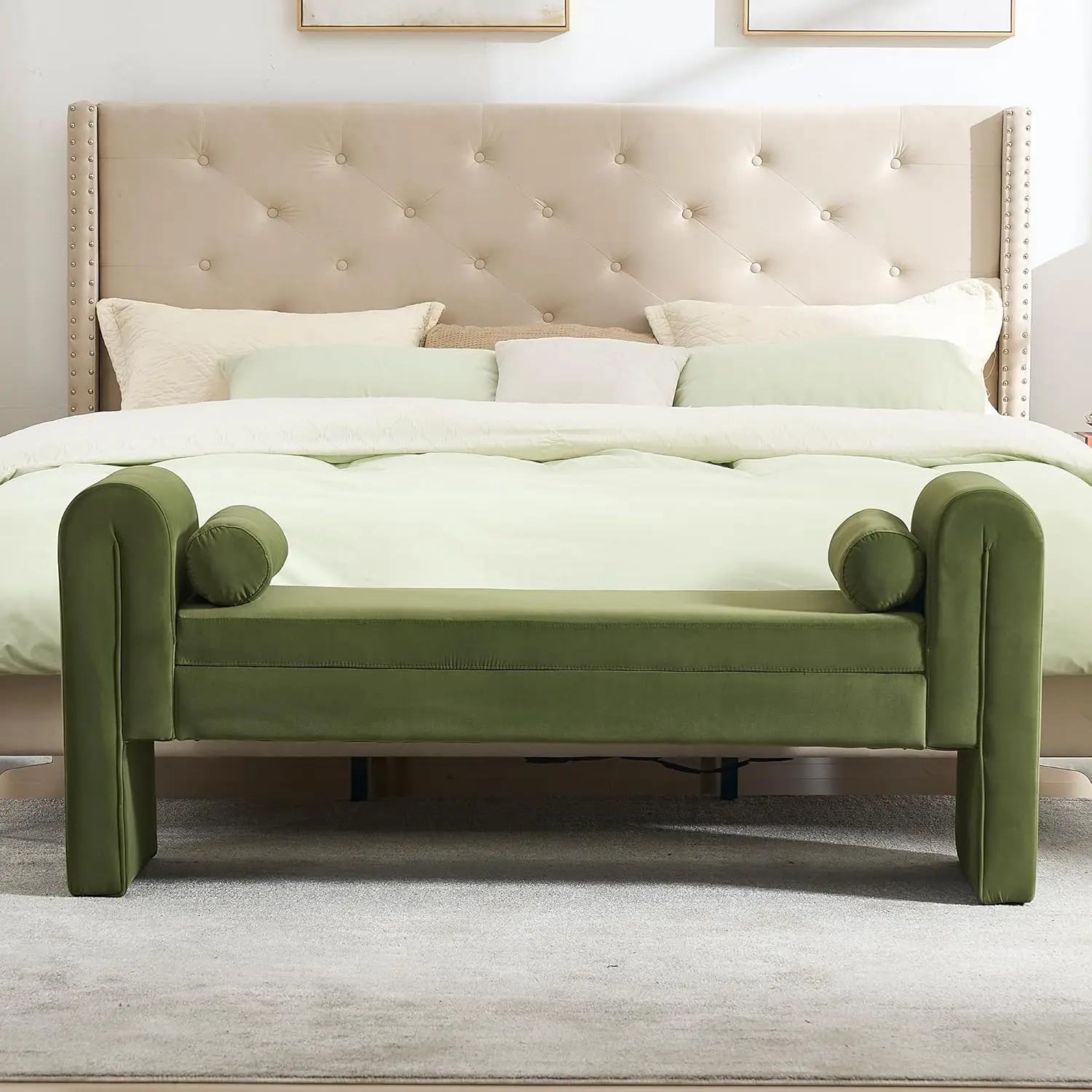 Banco de Entrada Tapizado en Terciopelo de 60.5 Pulgadas, Banco Otomano para Pie de Cama con Reposabrazos, Banco para Dormitorio con 2 Soportes Lumbares, Personalizable