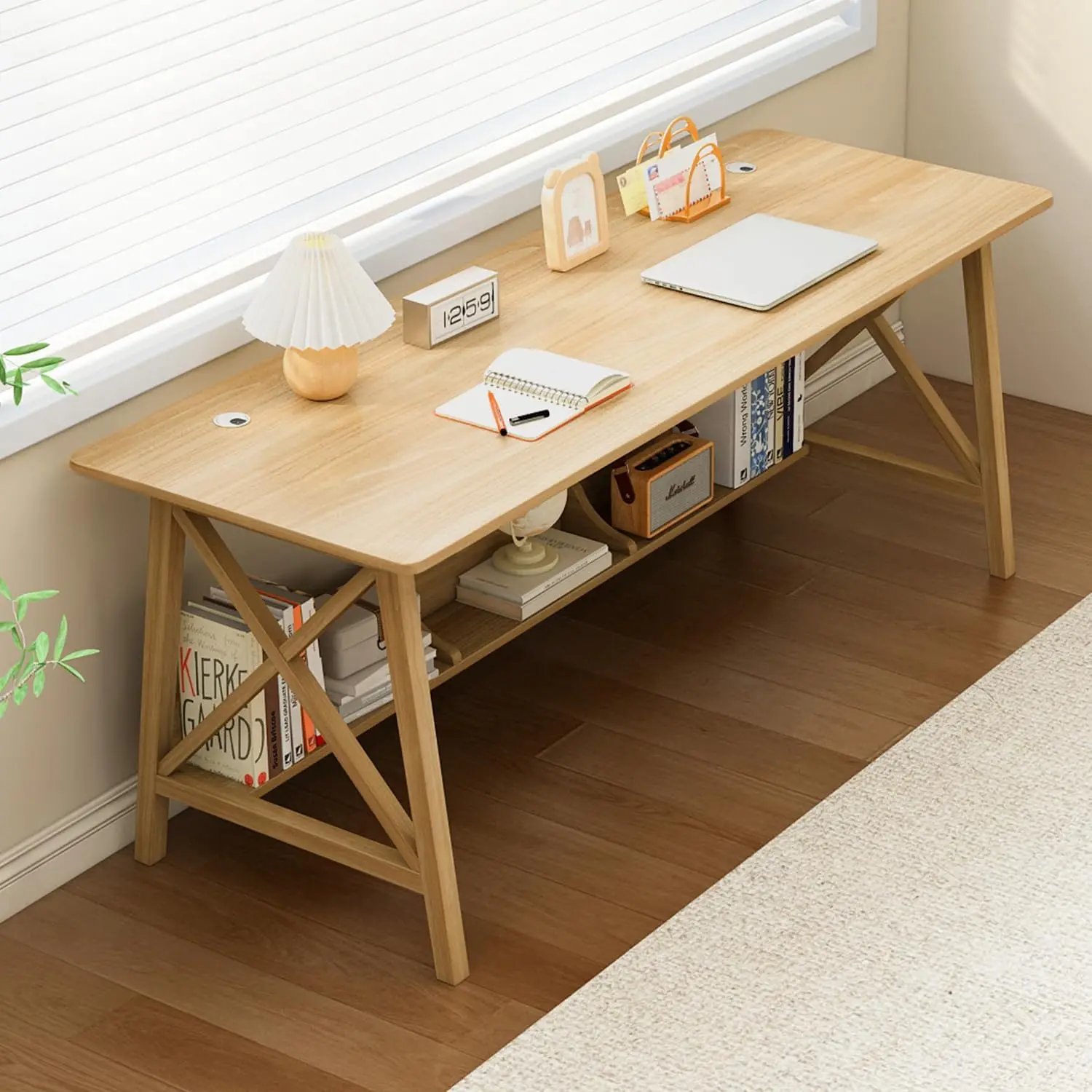 

Extra Long Desk with Bookshelf - Wooden Home Office Work Study Table, 2-Person Writing Computer Workstation with Storage