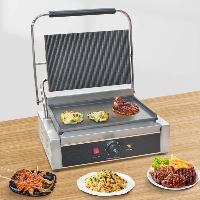 

Non-Stick Commerical Single Heads Grill Full Grooved Stainless Steel Machine Body Griller Sandwich Panini Grill Electric Contact